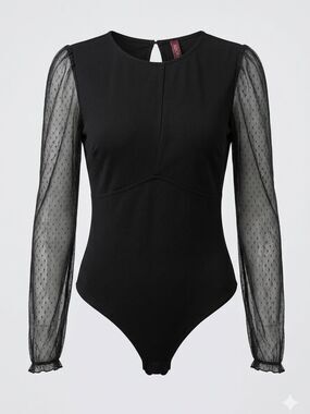 Adore Me Black Sheer-Swiss Dot Long-Sleeve Bodysuit 1X